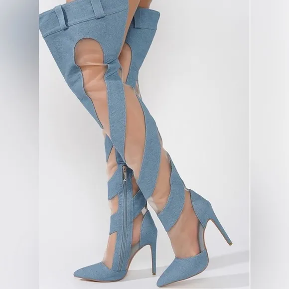 Mesh Denim Thigh High Boots for Women - Over Knee Boots - Blue Thigh High Boots