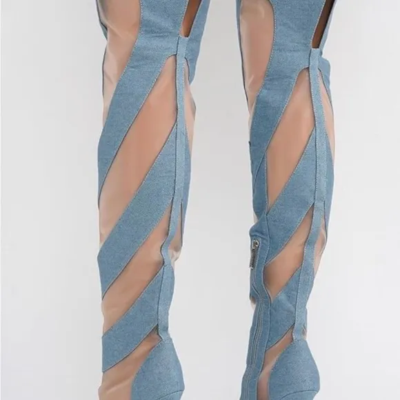 Mesh Denim Thigh High Boots for Women - Over Knee Boots - Blue Thigh High Boots