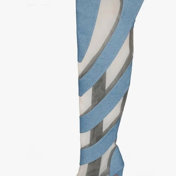 Mesh Denim Thigh High Boots for Women - Over Knee Boots - Blue Thigh High Boots