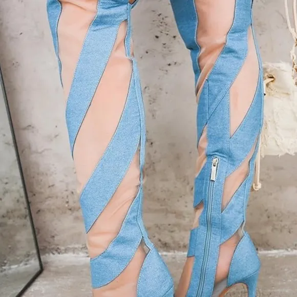 Mesh Denim Thigh High Boots for Women - Over Knee Boots - Blue Thigh High Boots