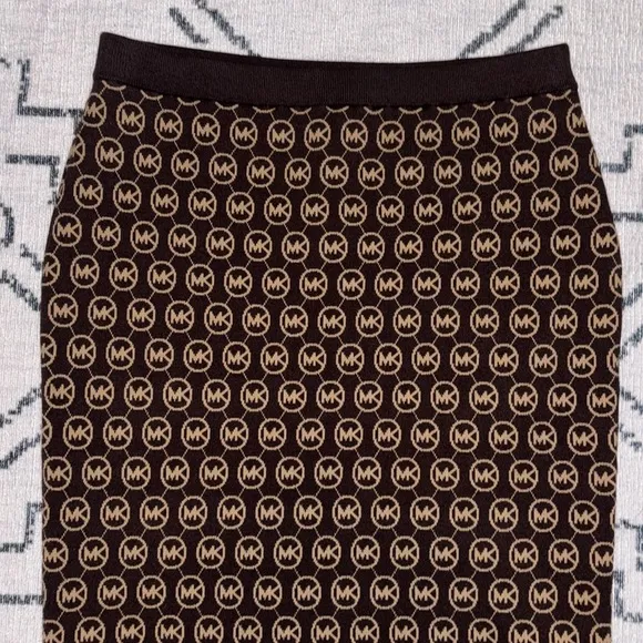 Michael Kors Medallion MK Chocolate Midi Skirt Sz L