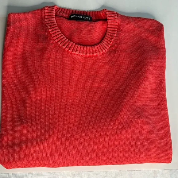 Michael Kors Pullover Crewneck Cotton Knit Sweater featuring ribbed neck &amp; cuffs
