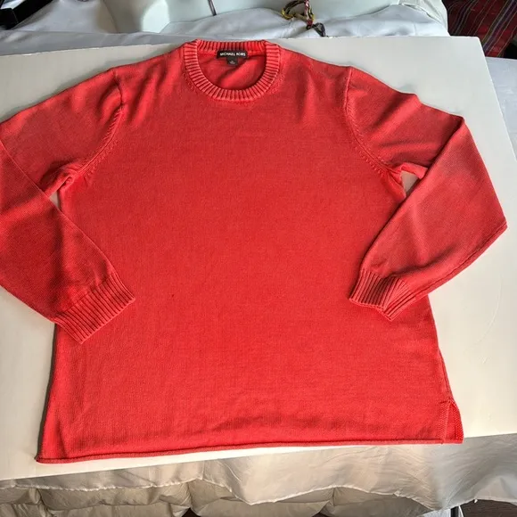 Michael Kors Pullover Crewneck Cotton Knit Sweater featuring ribbed neck &amp; cuffs