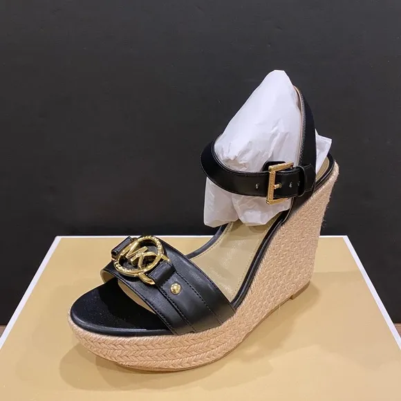 Michael Kors Rory MK Logo Wedge Espadrille Black Sandals Shoes Heels Pumps NEW