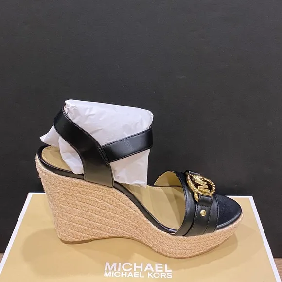 Michael Kors Rory MK Logo Wedge Espadrille Black Sandals Shoes Heels Pumps NEW