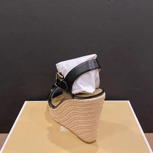 Michael Kors Rory MK Logo Wedge Espadrille Black Sandals Shoes Heels Pumps NEW