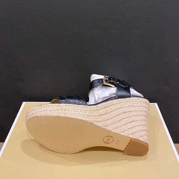 Michael Kors Rory MK Logo Wedge Espadrille Black Sandals Shoes Heels Pumps NEW