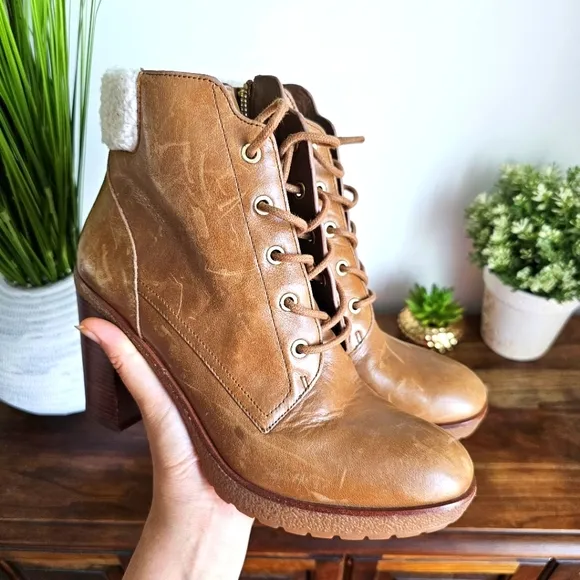 Michael Kors Women's Kim Lace Up Leather Bootie Dark Caramel Golden Zipper 10M