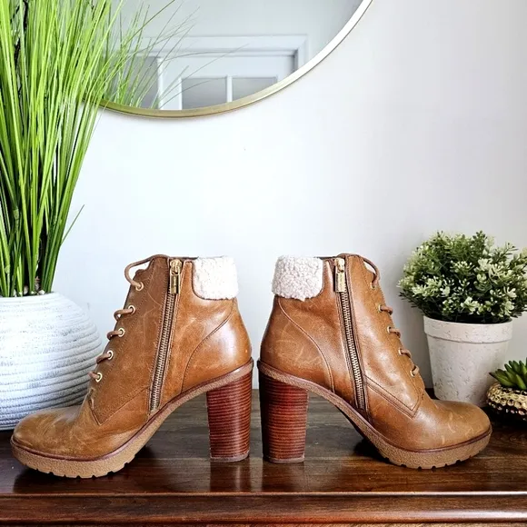 Michael Kors Women's Kim Lace Up Leather Bootie Dark Caramel Golden Zipper 10M