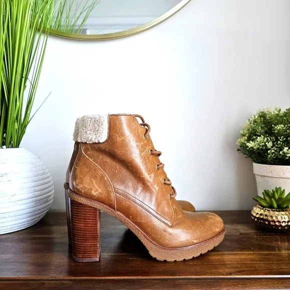 Michael Kors Women's Kim Lace Up Leather Bootie Dark Caramel Golden Zipper 10M