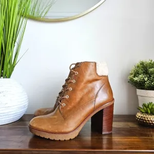 Michael Kors Women's Kim Lace Up Leather Bootie Dark Caramel Golden Zipper 10M