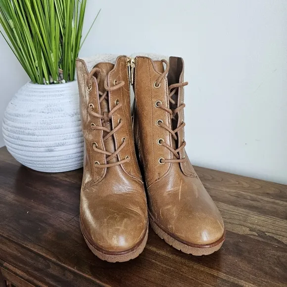 Michael Kors Women's Kim Lace Up Leather Bootie Dark Caramel Golden Zipper 10M