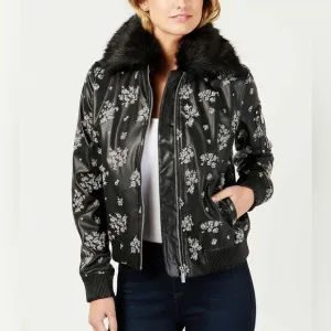 MICHAEL Michael Kors Black Faux Leather Embroidered Fur Trim Bomber Jacket NWOT