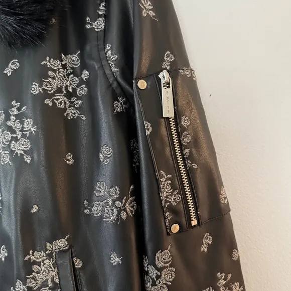 MICHAEL Michael Kors Black Faux Leather Embroidered Fur Trim Bomber Jacket NWOT