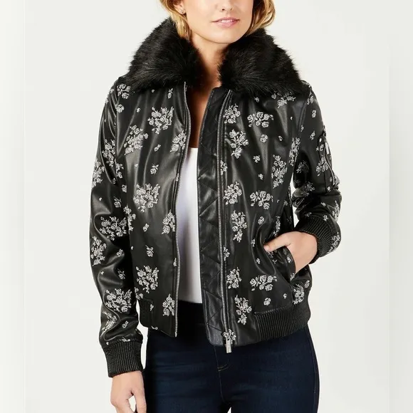 MICHAEL Michael Kors Black Faux Leather Embroidered Fur Trim Bomber Jacket NWOT