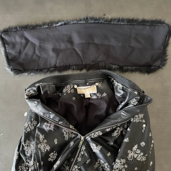 MICHAEL Michael Kors Black Faux Leather Embroidered Fur Trim Bomber Jacket NWOT