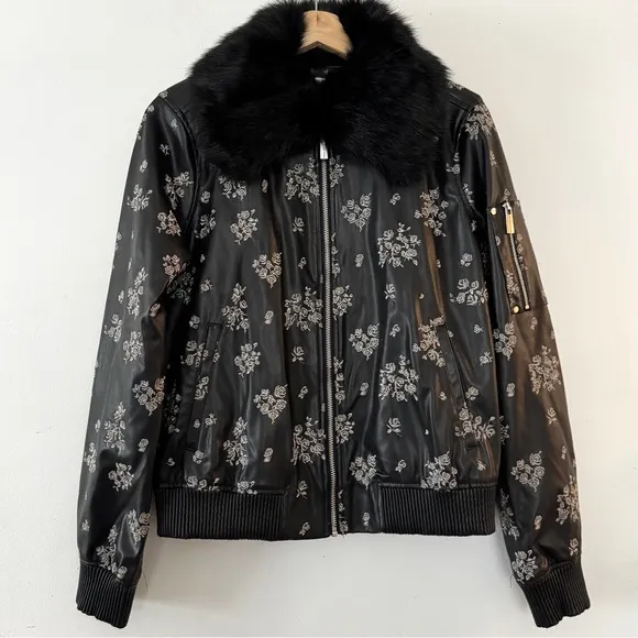 MICHAEL Michael Kors Black Faux Leather Embroidered Fur Trim Bomber Jacket NWOT