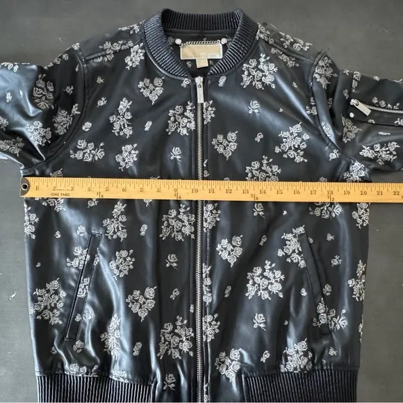 MICHAEL Michael Kors Black Faux Leather Embroidered Fur Trim Bomber Jacket NWOT