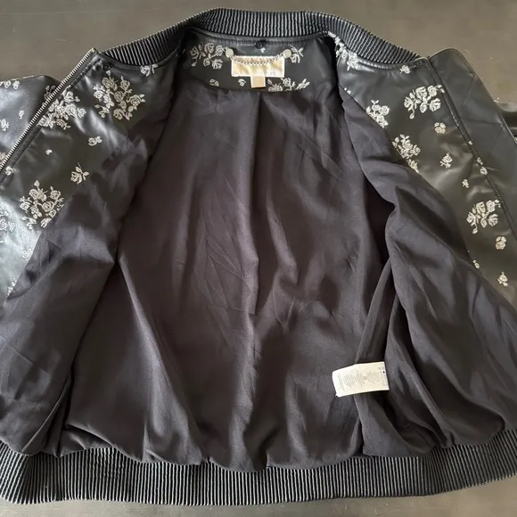 MICHAEL Michael Kors Black Faux Leather Embroidered Fur Trim Bomber Jacket NWOT