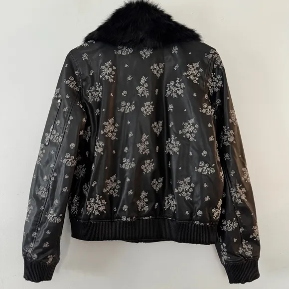 MICHAEL Michael Kors Black Faux Leather Embroidered Fur Trim Bomber Jacket NWOT