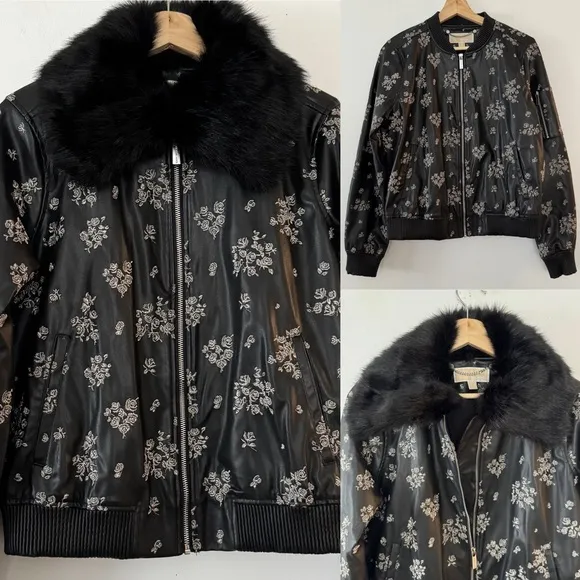 MICHAEL Michael Kors Black Faux Leather Embroidered Fur Trim Bomber Jacket NWOT