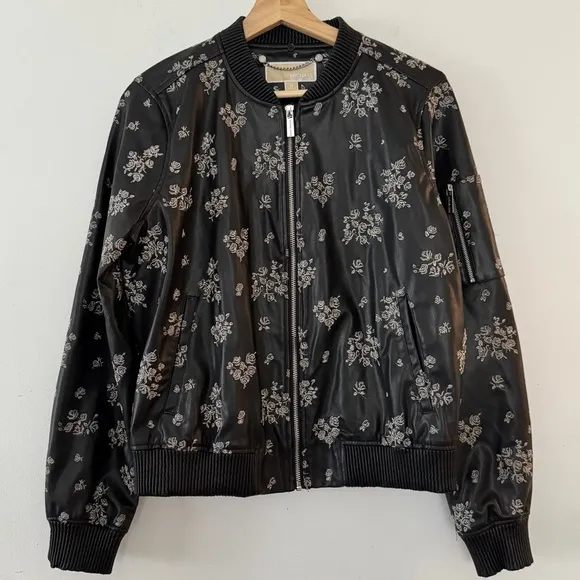 MICHAEL Michael Kors Black Faux Leather Embroidered Fur Trim Bomber Jacket NWOT