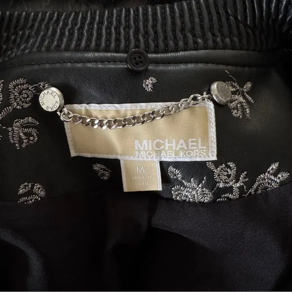 MICHAEL Michael Kors Black Faux Leather Embroidered Fur Trim Bomber Jacket NWOT
