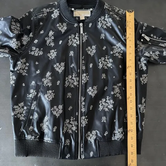 MICHAEL Michael Kors Black Faux Leather Embroidered Fur Trim Bomber Jacket NWOT