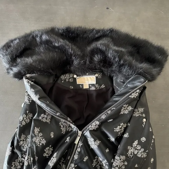 MICHAEL Michael Kors Black Faux Leather Embroidered Fur Trim Bomber Jacket NWOT
