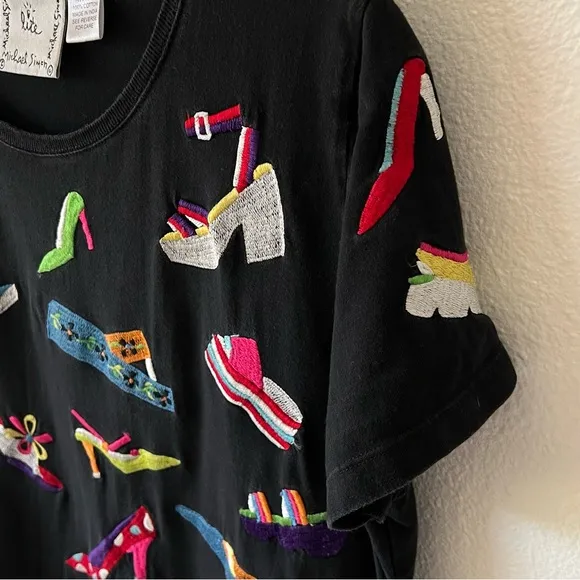 Michael Simon Lite Vintage Embroidred Shoes Black Tee Shirt Dress RARE