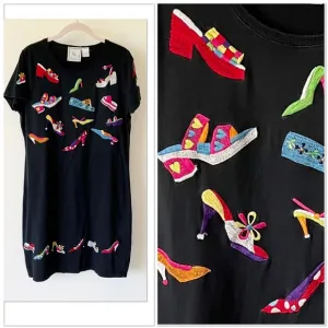 Michael Simon Lite Vintage Embroidred Shoes Black Tee Shirt Dress RARE