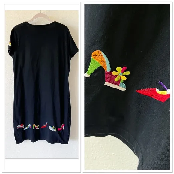 Michael Simon Lite Vintage Embroidred Shoes Black Tee Shirt Dress RARE