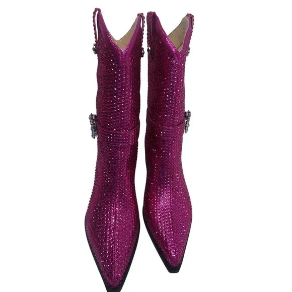 Mi.iM Women's Fuchsia Rhinestone-Studded with straps Cowboy Boots Size 7.5 - 8