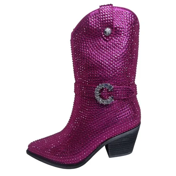 Mi.iM Women's Fuchsia Rhinestone-Studded with straps Cowboy Boots Size 7.5 - 8
