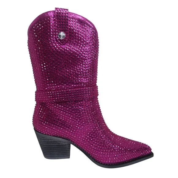 Mi.iM Women's Fuchsia Rhinestone-Studded with straps Cowboy Boots Size 7.5 - 8
