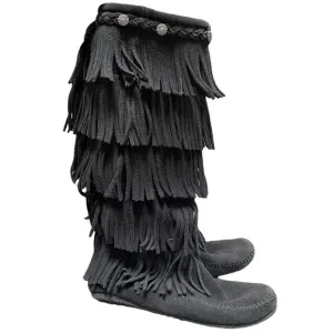MINNETONKA 5-Layer Fringe Boots Black Suede Silver Cabochons Size 7