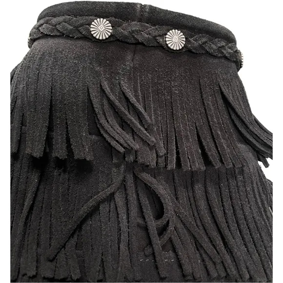 MINNETONKA 5-Layer Fringe Boots Black Suede Silver Cabochons Size 7