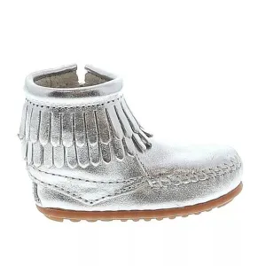 Minnetonka Metallic Leather Double Fringe Side Zip Boots Silver Size 3