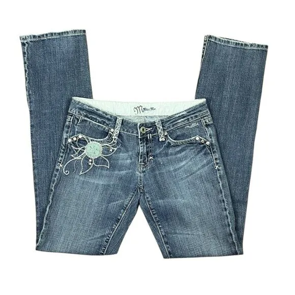 Miss Me Embroidered Denim Jeans Y2K Dark Australian 02 Blue Flap Pockets Size 28