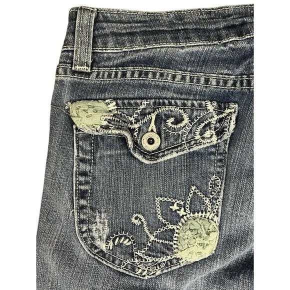 Miss Me Embroidered Denim Jeans Y2K Dark Australian 02 Blue Flap Pockets Size 28