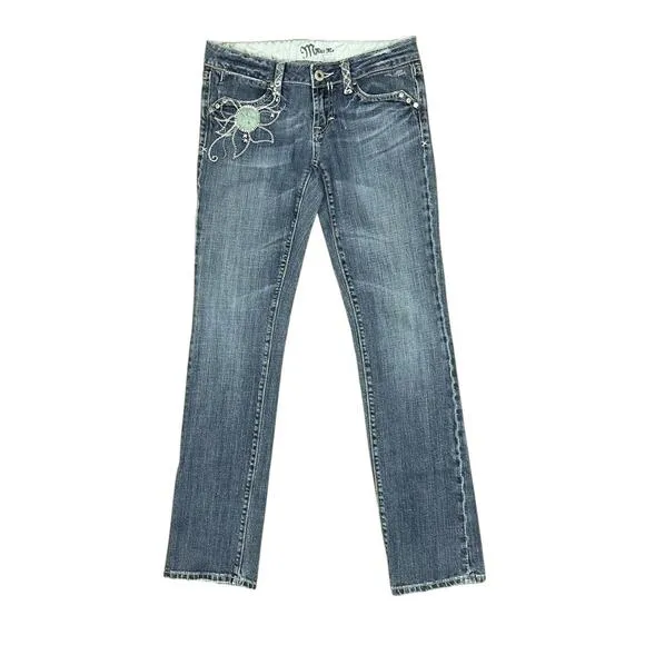 Miss Me Embroidered Denim Jeans Y2K Dark Australian 02 Blue Flap Pockets Size 28