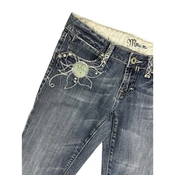 Miss Me Embroidered Denim Jeans Y2K Dark Australian 02 Blue Flap Pockets Size 28