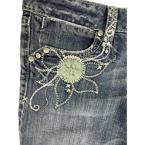 Miss Me Embroidered Denim Jeans Y2K Dark Australian 02 Blue Flap Pockets Size 28