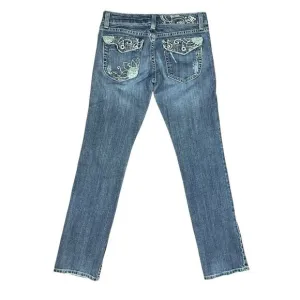 Miss Me Embroidered Denim Jeans Y2K Dark Australian 02 Blue Flap Pockets Size 28