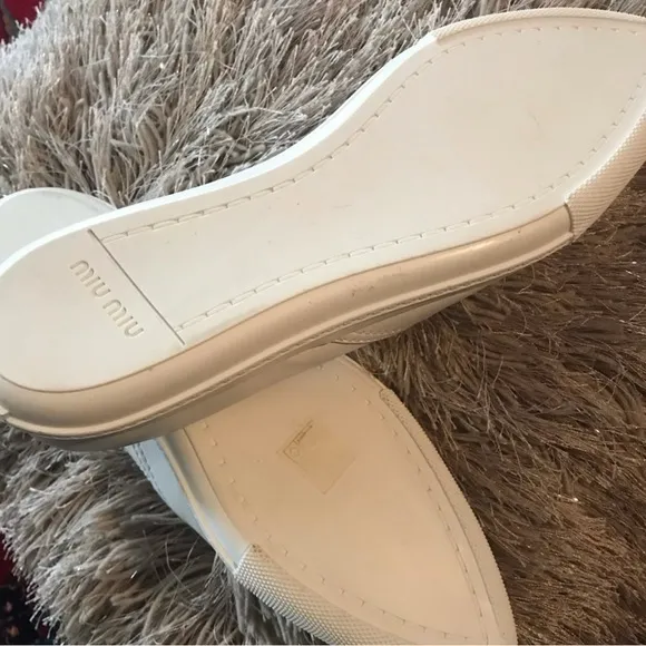 Miu Miu Off White Leather Slip-On Shoes with Silver Accents