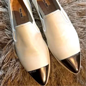 Miu Miu Off White Leather Slip-On Shoes with Silver Accents