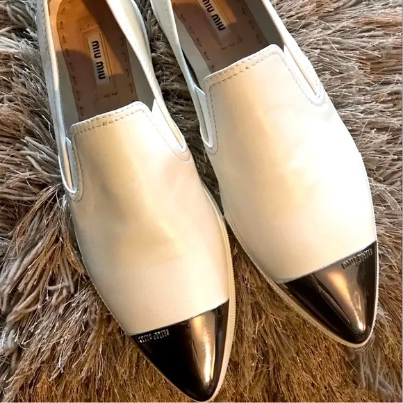 Miu Miu Off White Leather Slip-On Shoes with Silver Accents