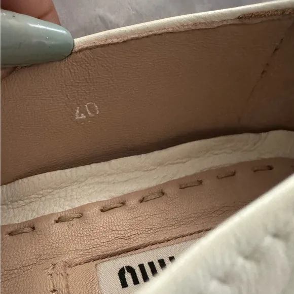 Miu Miu Off White Leather Slip-On Shoes with Silver Accents