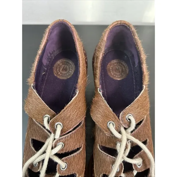 Morenatom Leather Fur Hide Oxford Style Heels Women's Shoes Size 37.5 Brown Lace