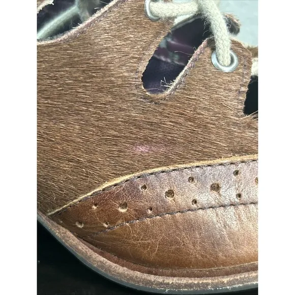 Morenatom Leather Fur Hide Oxford Style Heels Women's Shoes Size 37.5 Brown Lace
